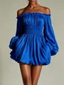 Close-up detail of a bright blue off-the-shoulder pleated mini dress with lantern sleeves - Blue