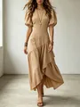 Elegantes beiges Midikleid mit Laternenärmeln und asymmetrischem Stufenrock-Saum - Khaki
