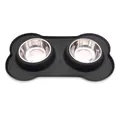 Double stainless steel pet bowls set with black bone-shaped non-slip silicone mat for dogs - Black