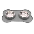 Double stainless steel pet bowls with grey bone-shaped silicone anti-spill mat base - Gray