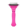 Ergonomic pink double-sided pet dematting rake for dogs and cats with paw handle design - OPP Packaging / Pink