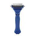 Blue pet dematting rake with paw-shaped handle and double-sided stainless steel blades - OPP Packaging / Dark Blue