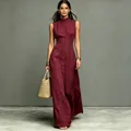 Minimalist wine red mock neck button-down sleeveless maxi dress in blended fabric - XS / Dresses / Burgundy