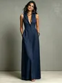 Elegante abito lungo senza maniche blu navy con bottoni per il tempo libero estivo - XS / Vestito (W2521) / Blu navy