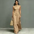 Elegant tan minimalist stand collar single-breasted sleeveless maxi dress - XS / Dresses / Khaki