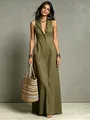 Vestido largo sin mangas verde oliva con cuello de solapa y botones - XS / Vestido (W2521) / Verde
