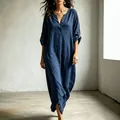 Detail of washed linen V-neck maxi dress with roll-up button-tab sleeves - XS / Dresses / Navy Blue