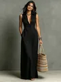Elegante vestido largo negro sin mangas con cuello de solapa y botones frontales - XS / Vestido (W2521) / Negro