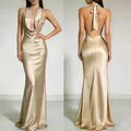Elegant champagne gold satin halter neck backless floor-length evening gown for women - XS / Dresses / Maxi Skirt / Champagne