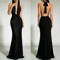 Elegant black satin halter neck evening gown with deep V-neck and backless design - XS / Dresses / Maxi Skirt / Black