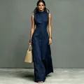 Elegant navy blue sleeveless maxi dress with stand collar and button front - Navy Blue