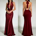 Front and back detail view of a burgundy satin halter neck backless evening maxi dress. - XS / Dresses / Maxi Skirt / Burgundy
