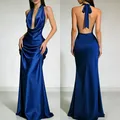 Elegant royal blue satin halter gown featuring a deep V-neck and sophisticated open back - XS / Dresses / Maxi Skirt / Sapphire Blue