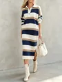 Elegant striped knit midi dress featuring a classic polo neck and side slit detail - S / Dresses / Navy Blue