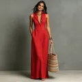 Variante roja vibrante del elegante vestido largo sin mangas con cuello de solapa - XS / Vestido (W2521) / Rojo