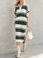 Elegant striped polo collar knitted midi dress with a side slit for autumn fashion. - S / Dresses / Green