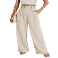 Detailed view of high-waisted beige wide-leg business casual trousers for women - XS / Bottoms / Ivory
