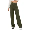 Detailed view of high waist olive green straight trousers with button fly and pockets - S / Bottoms / Army Green