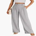 Gedetailleerd vooraanzicht van grijze broek met hoge taille en wijde pijpen voor dames - Spacegrijs