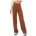Vue détaillée d'un pantalon marron à taille haute, braguette à boutons et poches avant - Couleur caramel