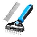 Detail eines professionellen Haustierpflege-Sets mit Entfilzungsharke und Kamm. - Entfilzungsharke und Metallkamm Set / Blau