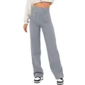 Détail du pantalon décontracté à taille haute avec boutons et poches avant pour femmes. - Gris