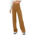 Vue détaillée du pantalon droit marron à taille haute avec boutons et poches. - Khaki