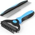Professionelles 2er-Set zur Tierpflege mit Unterwolleharke und Stahlkamm für Katzen und Hunde - Entfilzungsharke und Metallkamm Set / Zweiteiler-Set / Blau