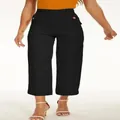 Elegante schwarze verkürzte Hose mit hoher Taille und dekorativen Goldknöpfen am Bund - S / Unterteile / Schwarz/Verlängert