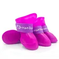 Magenta waterproof silicone dog boots featuring anti-slip soles and elastic logo straps. - S / Purple