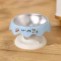 Erhöhter Edelstahlnapf für Haustiere mit Lucky-Dog-Cartoon-Motiv auf blauem Sockel - Wellen-Stil / Edelstahlschale / Blau
