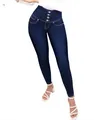 Vista detallada del diseño de talle alto y cierre de botones de un pantalón vaquero pitillo - XS / Bottoms / Azul marino