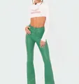 Pantaloni a zampa traspiranti in ecopelle verde a vita alta per primavera autunno - Verde brillante