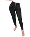 Vista detallada de leggings vaqueros moldeadores negros de tiro alto con cierre de cuatro botones - XS / Bottoms / Negro