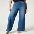 Detail of high waist wide-leg denim jeans showing the retro fit and straight cut - 3XL / Bottom (Regular Length) / Dark Blue