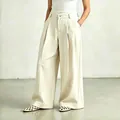Elegant cream white high-waist wide-leg suit trousers for women's office fashion wear - S / Bottoms / Apricot