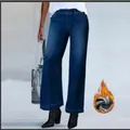 Women's winter fleece-lined high waist wide leg jeans in dark blue stretch denim fabric - 3XL / Bottoms / Dark Blue