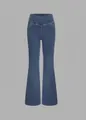 High stretch denim flare pants featuring unique cross high waist in dark blue - 2XL / Bottoms / Dark Blue