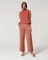 Elegante terracotta Damen-Hose mit weitem Bein und ärmelloses Rollkragen-Oberteil - XS / Unterteile / Orangerot/Regulär