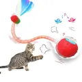 Interactieve kattenspeelgoed bal met flexibele stok en gekleurde verenstaart. - Vogelgeluid Noppenbal (Met Libellenstaart) / Rood