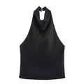 Λεπτομερής προβολή μαύρου σατέν halter neck τοπ με κομψή πτυχή και κουμπιά στον λαιμό - XS / Tops / Μαύρο