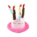 Plush pink birthday cake hat for dogs with colorful candles and Happy Birthday text - Pink Birthday Hat / Pink