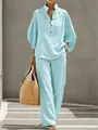 Elegant light blue linen two-piece set with a V-neck shirt and loose wide-leg pants. - S / Top And Bottom / Light Blue