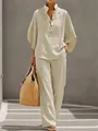 Summer linen two-piece set featuring V-neck button top and loose casual wide-leg trousers. - S / Top And Bottom / Khaki