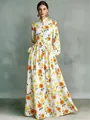 Elegant vintage floral print maxi dress with mandarin collar and lantern sleeves. - S / Dresses / Yellow