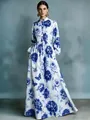 Elegant vintage floral print maxi dress featuring stand collar and lantern sleeves for vacation - S / Dresses / Blue