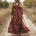 Elegant burgundy bohemian floral print maxi dress featuring long sleeves and a V-neckline - S / Dresses / Burgundy