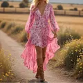 Full length view of a pink bohemian floral high-low dress worn in a golden field sunset - 2XL / Dresses / Pink