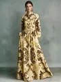 Vintage floral print maxi dress with lantern sleeves and high collar for resort style - S / Dresses / Gold