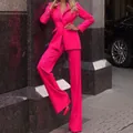 Fuchsia pink two-piece suit set for women featuring a slim-fit blazer and straight trousers. - L / Top And Bottom / Rose Red